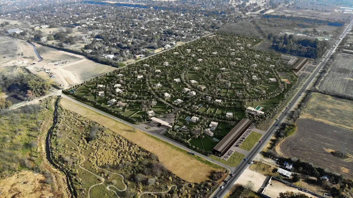 Aerial architectural visualization of a residential development and surrounding roads