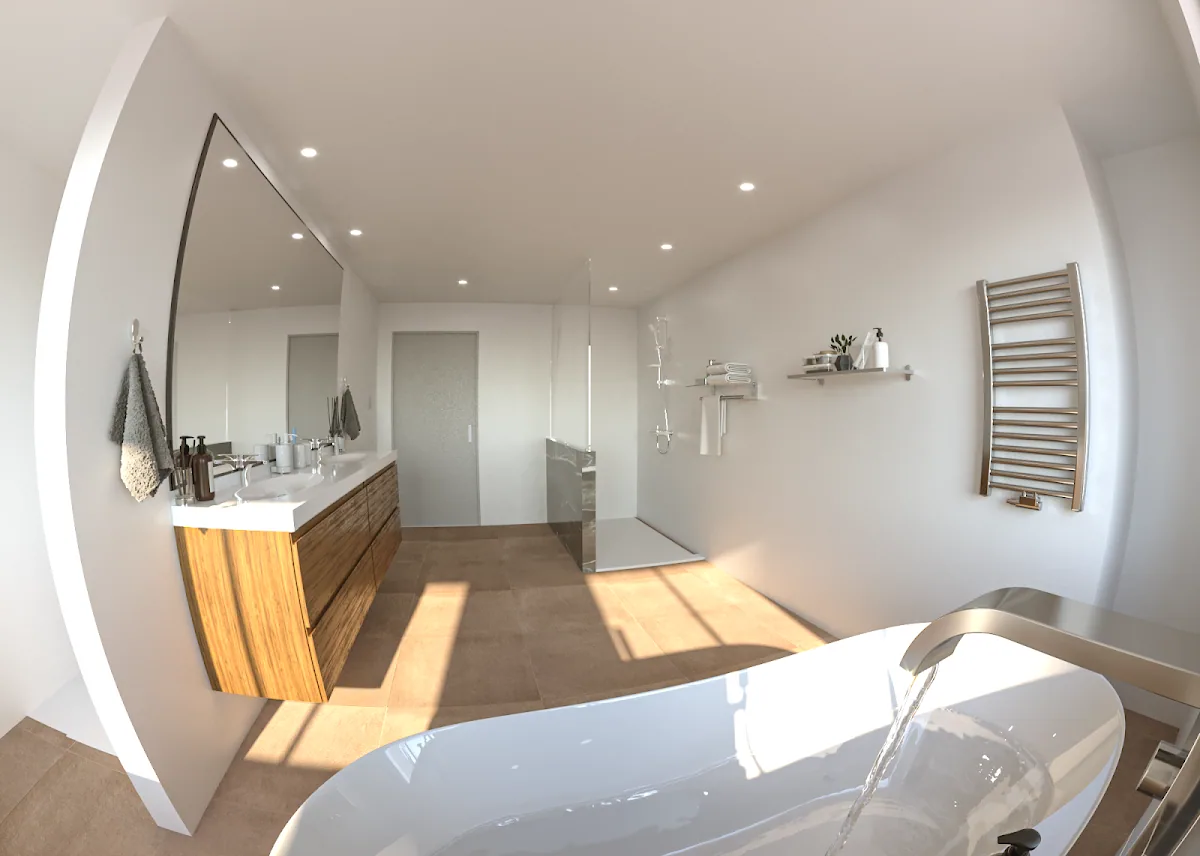 Bright bathroom visualization with a freestanding bath and wood vanity
