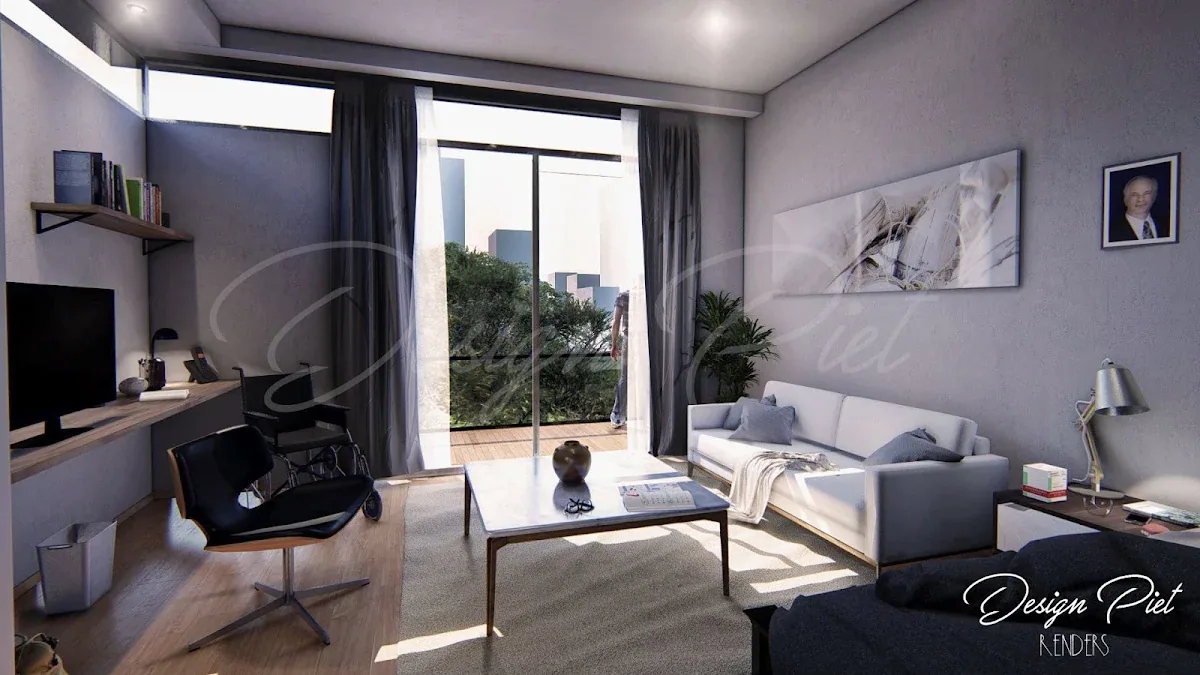 Visualización de un dormitorio de CIRAM con cama, escritorio y ventana amplia