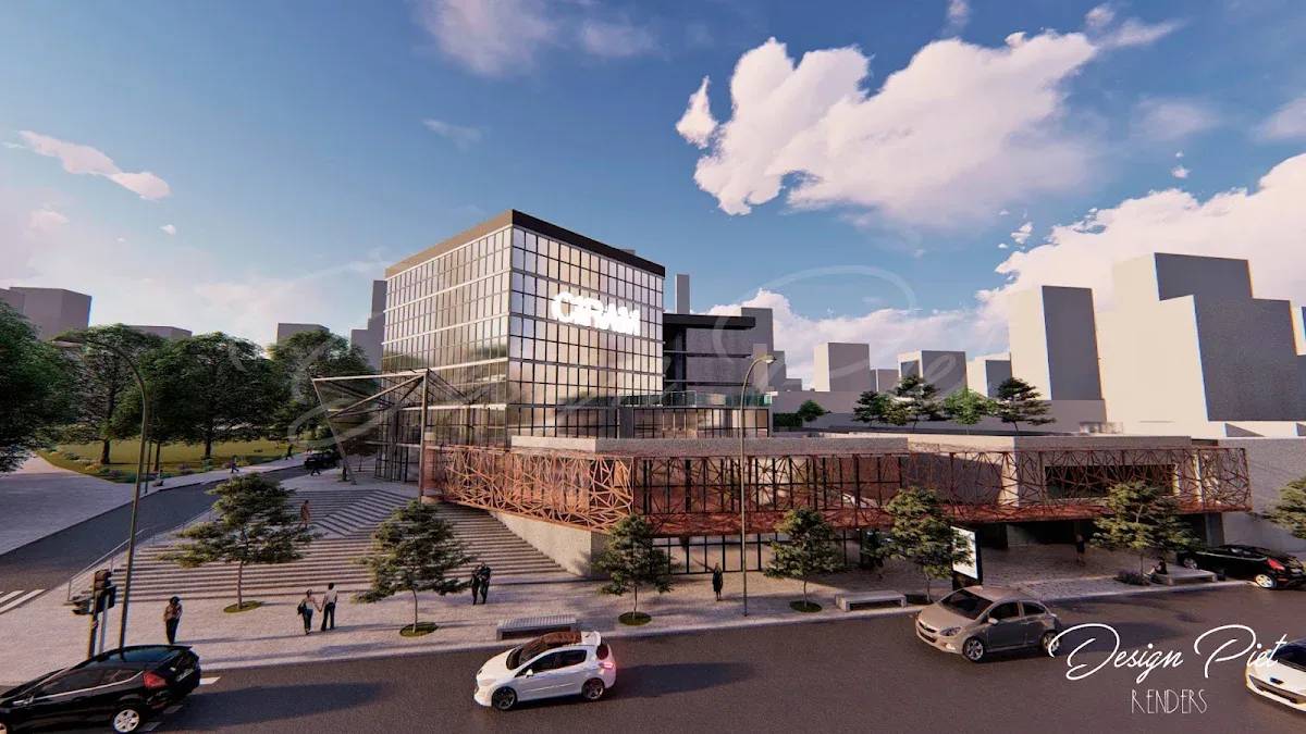 Visualización del exterior del proyecto CIRAM con fachada vidriada y tránsito en la calle