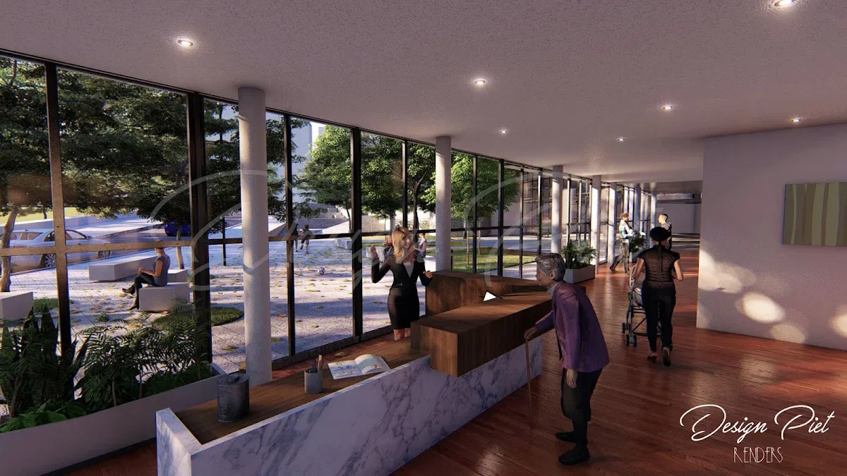 Visualización del hall de CIRAM con recepción, paredes vidriadas y personas