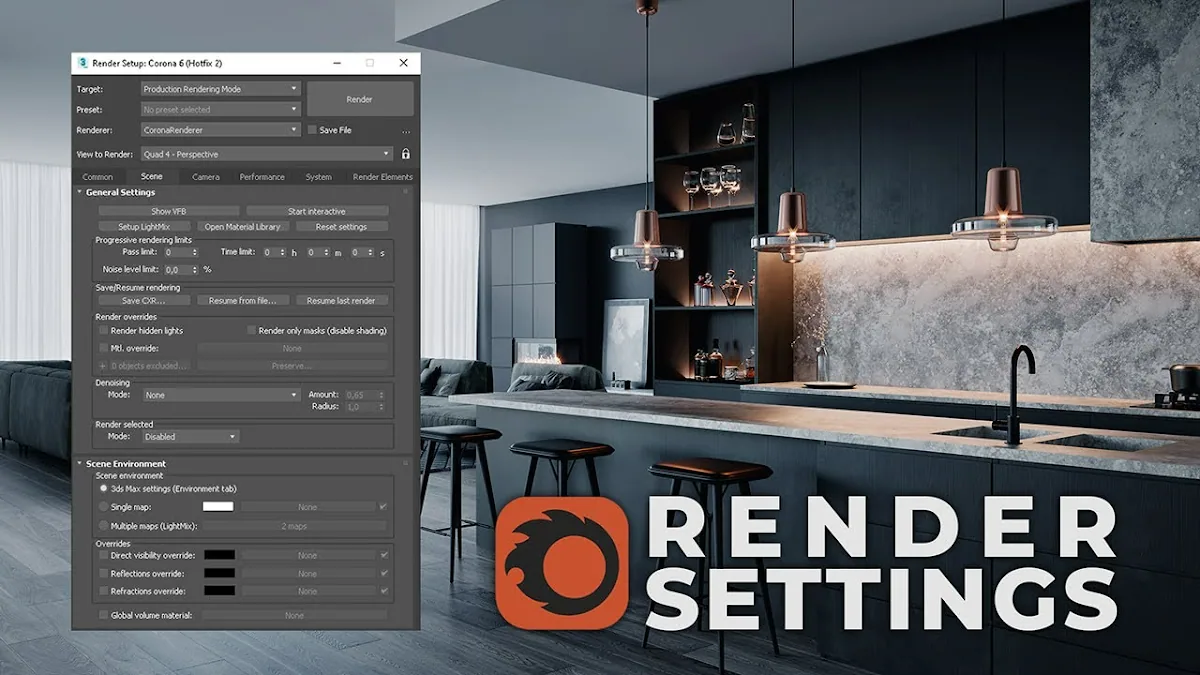 Render settings panel beside a dark kitchen visualization