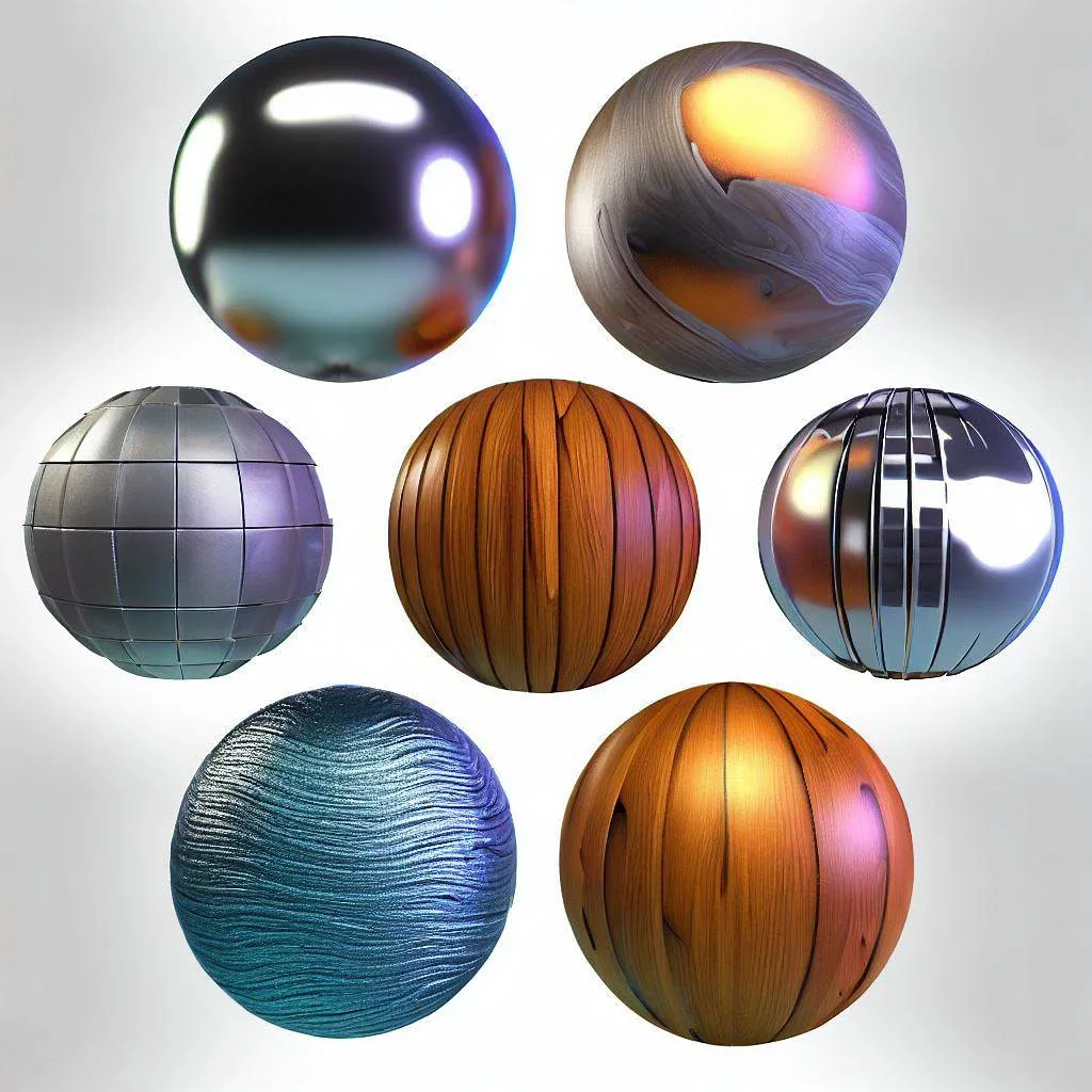 Material sphere illustrations showing different colors, surface patterns and reflections