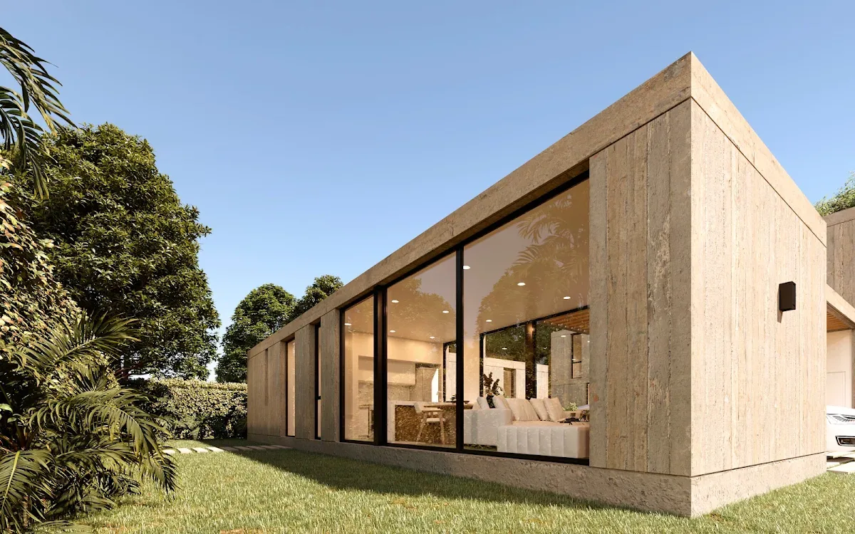Architectural visualization of a single-story house with large windows and a lawn