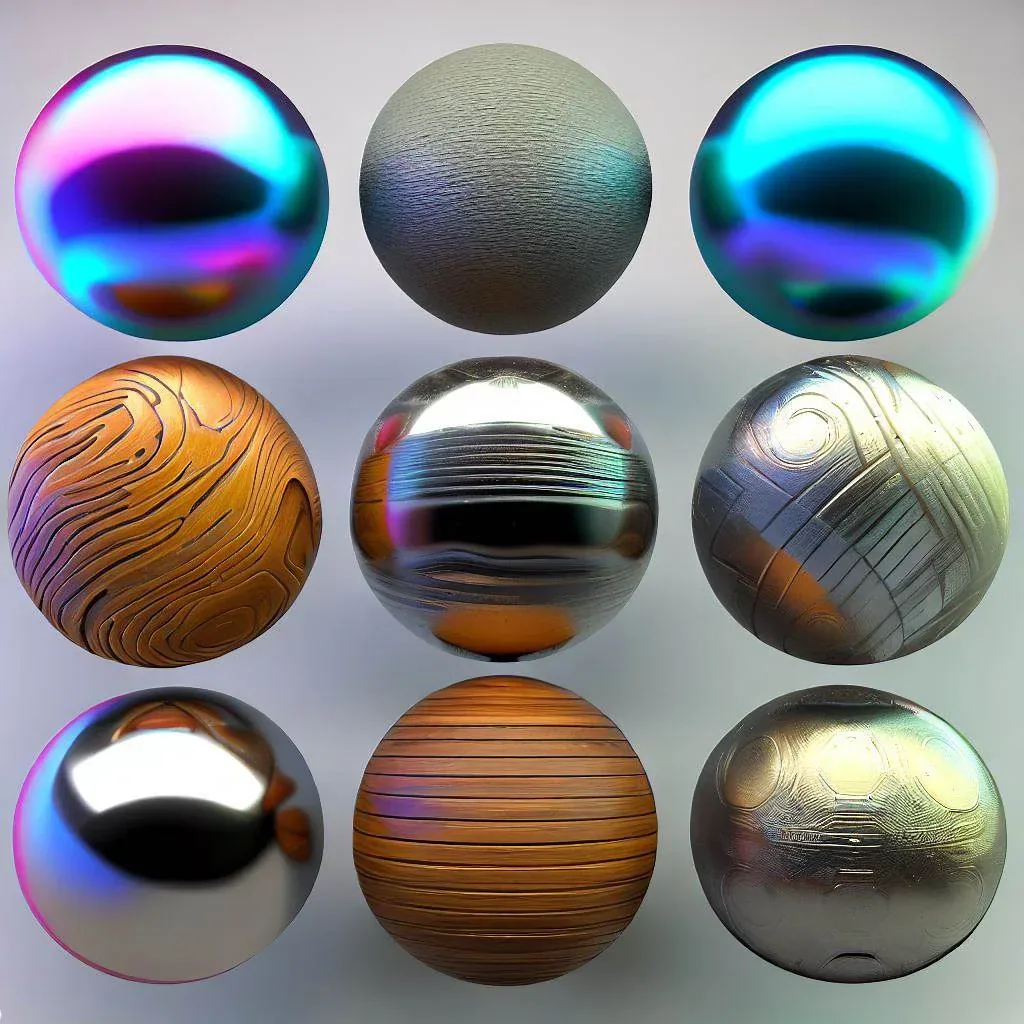 Material spheres with metallic, wood-like and reflective surfaces