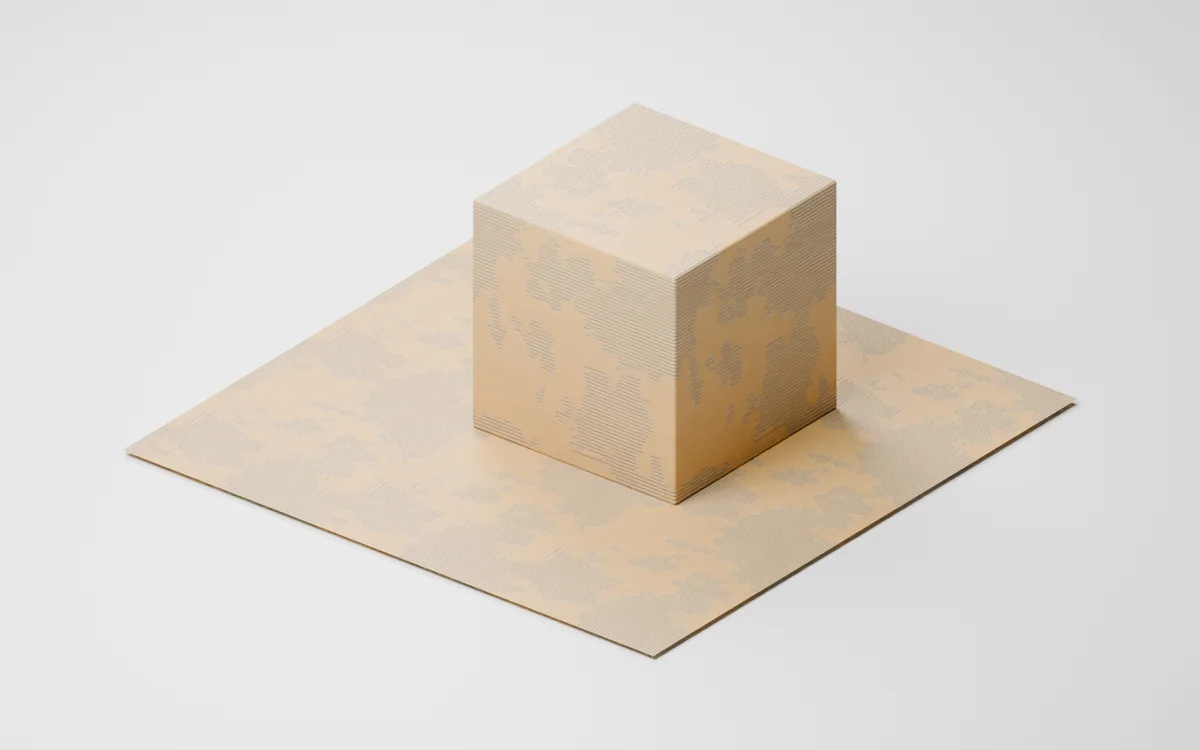 Locker3d Blender render of torn corrugated cardboard texture on a cube and tiled plane