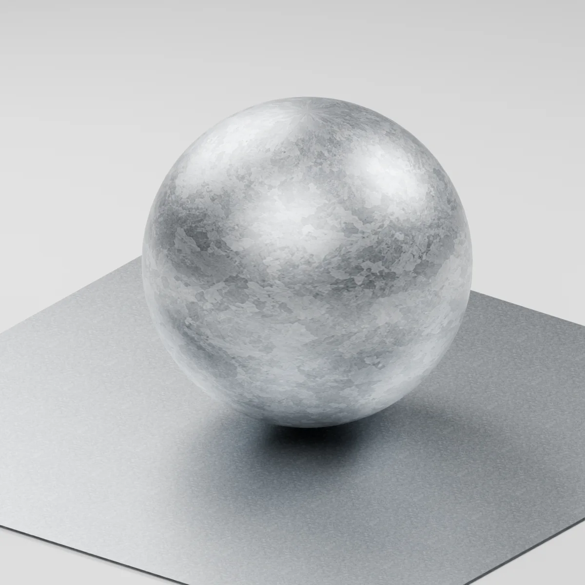 Blender render of Fine-Spangle Galvanized Sheet on a sphere and tiled plane