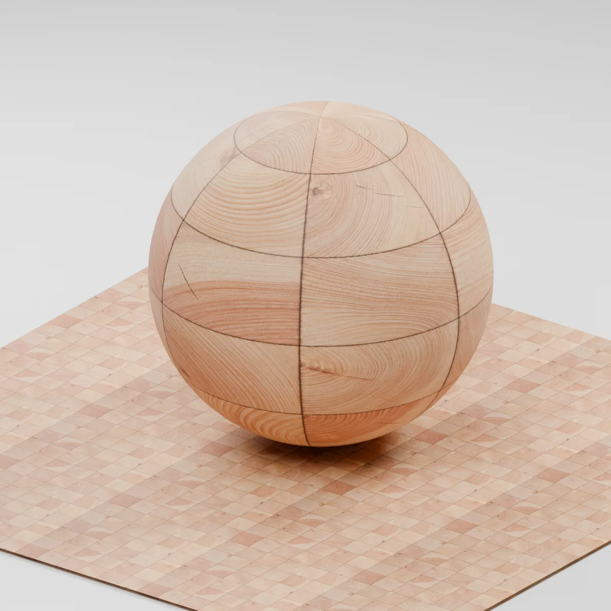 Blender render of Larch End-Grain Blocks on a sphere and tiled plane