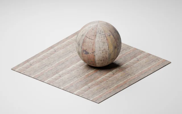 Render de una esfera y un piso con los mapas 1K de Worn Planks